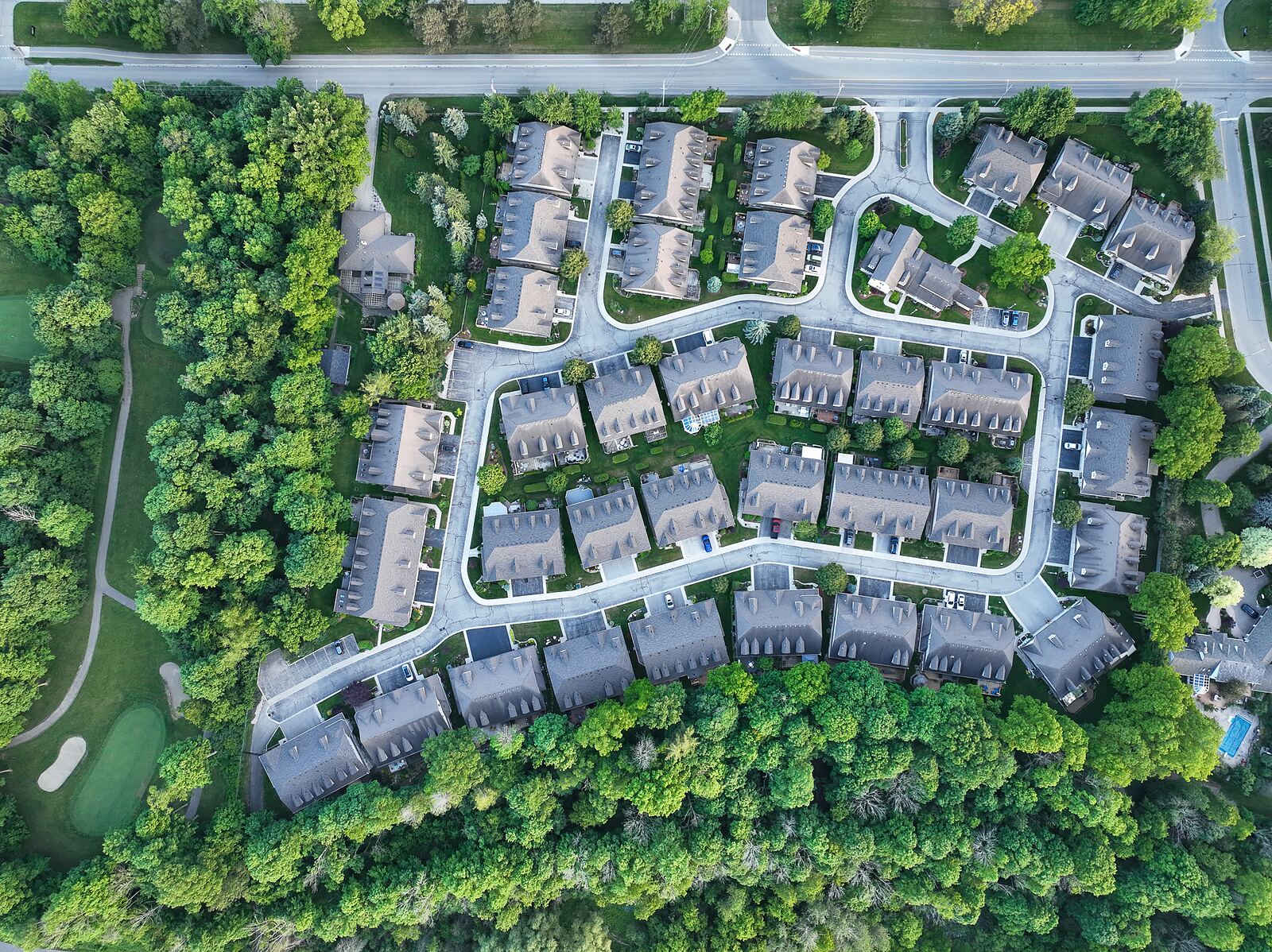 Straight-down aerial view of a townhouse development showing the road grid, rooflines and the woodland edge